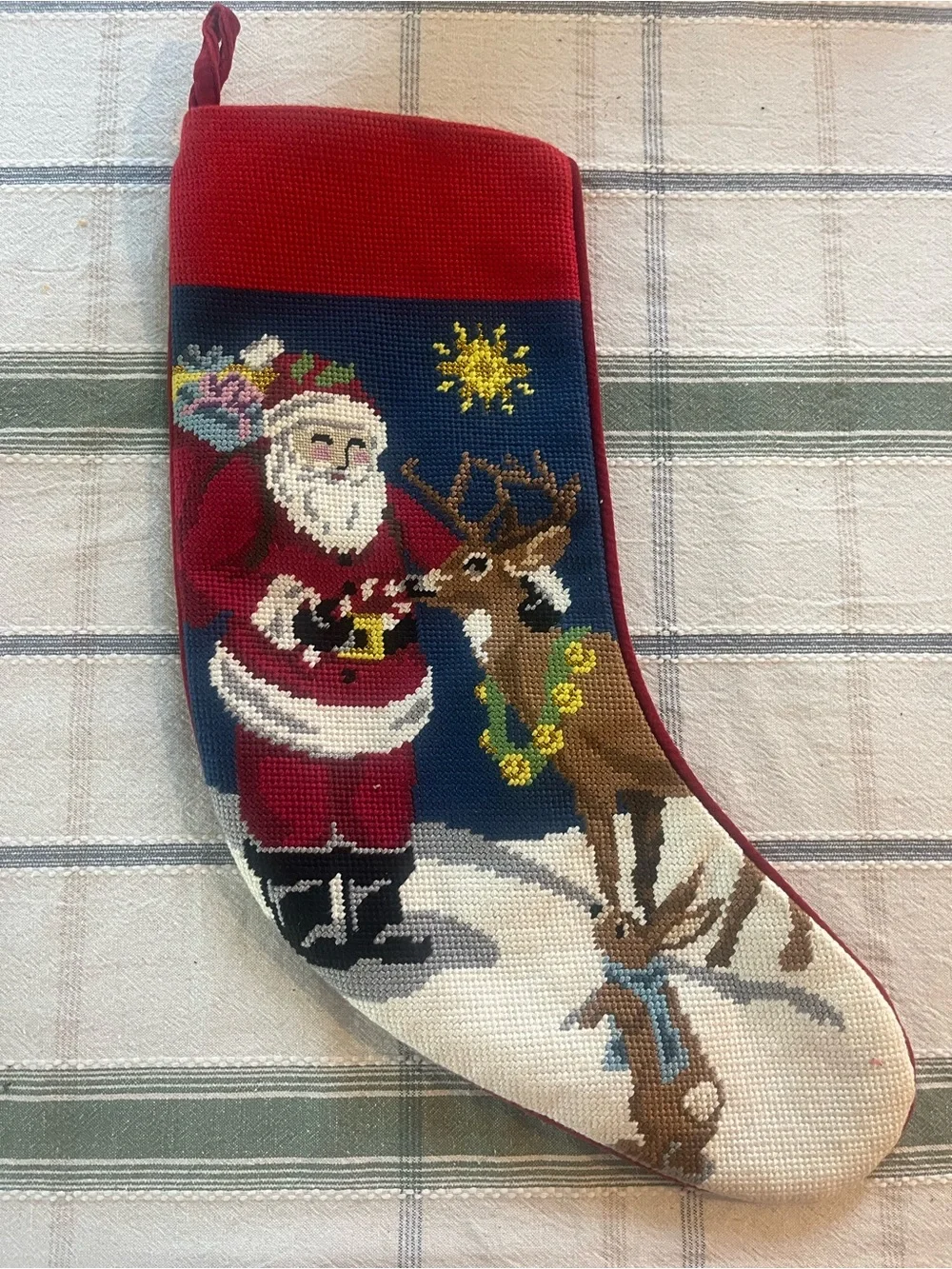 Lands' End Red and Navy Needlepoint Santa & Reindeer Holiday Stocking